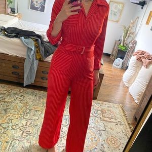 Vintage Red Pinstripe Belted Polyester Jumpsuit